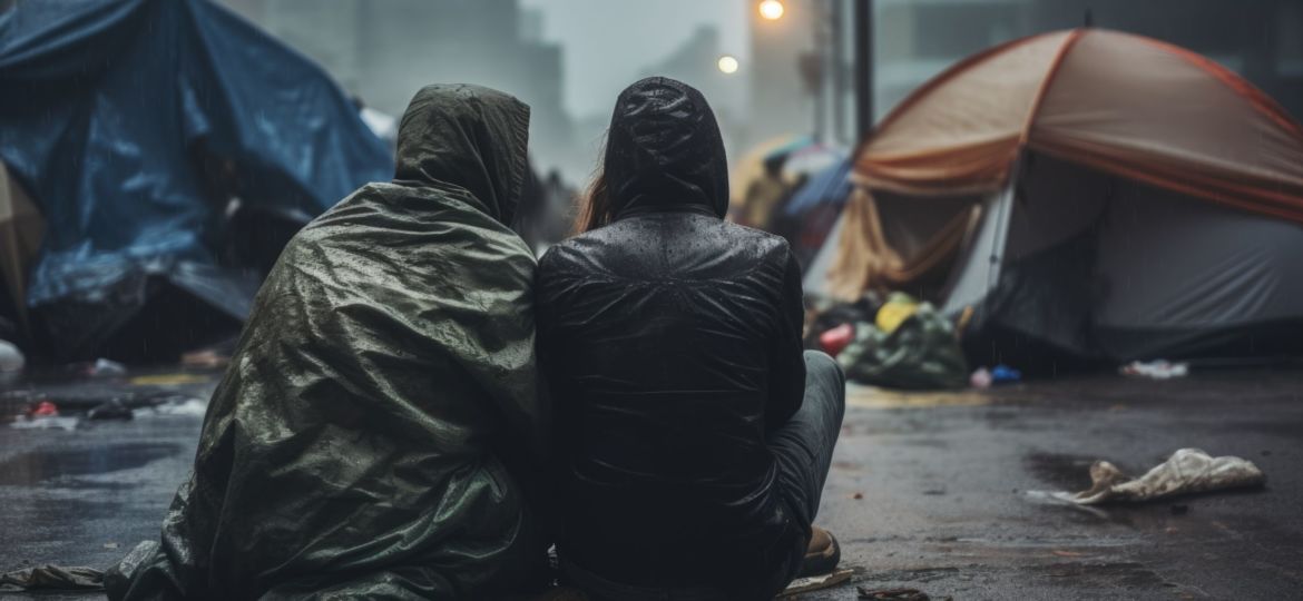 Couple of homeless people sitting in the street seen from behind